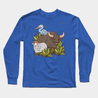 Sheep Bison Bird Hand Drawn Long Sleeve T-Shirt